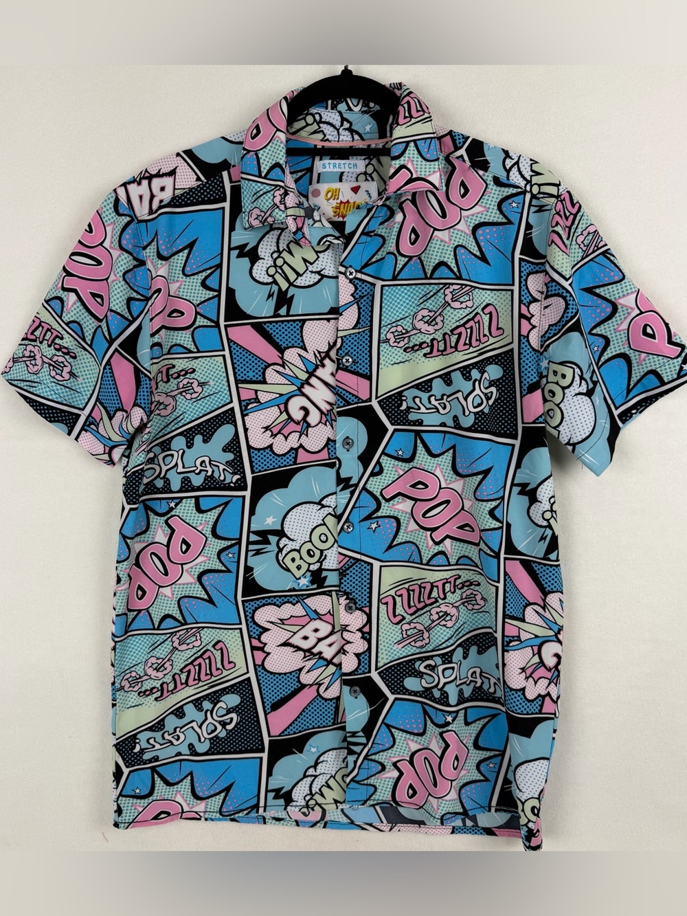 Oh Snap Stretch Short Sleeve Button Shirt Drill Clothing Retro Pop Art Sz Small